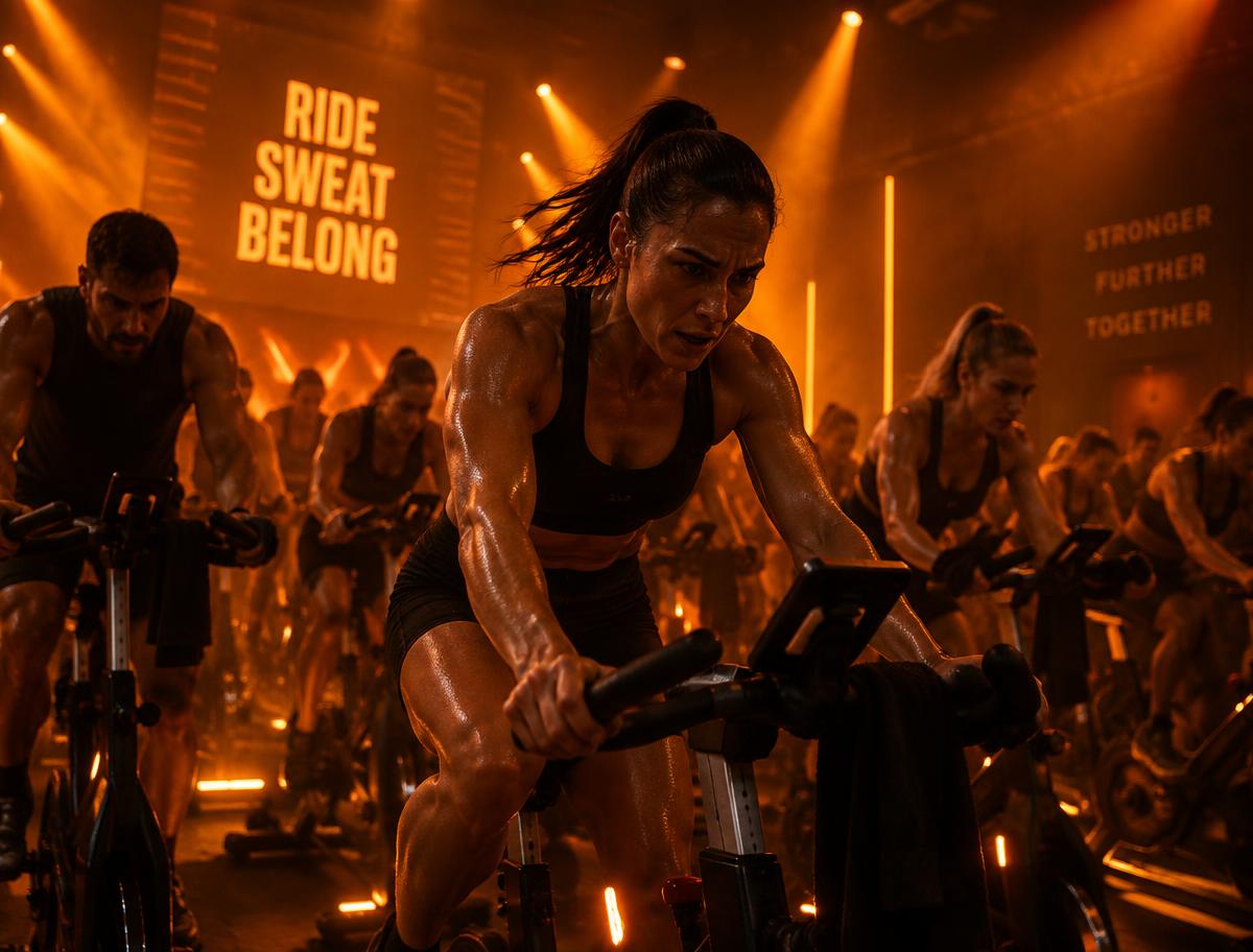 Treino de bike indoor com iluminação laranja